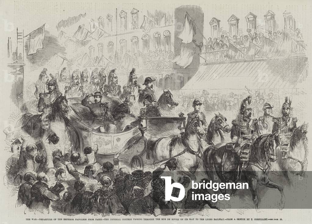The War, Departure of the Emperor Napoleon III from Paris, the Imperial Cortege passing through the Rue de Rivoli on its Way to the Lyons Railway (engraving)