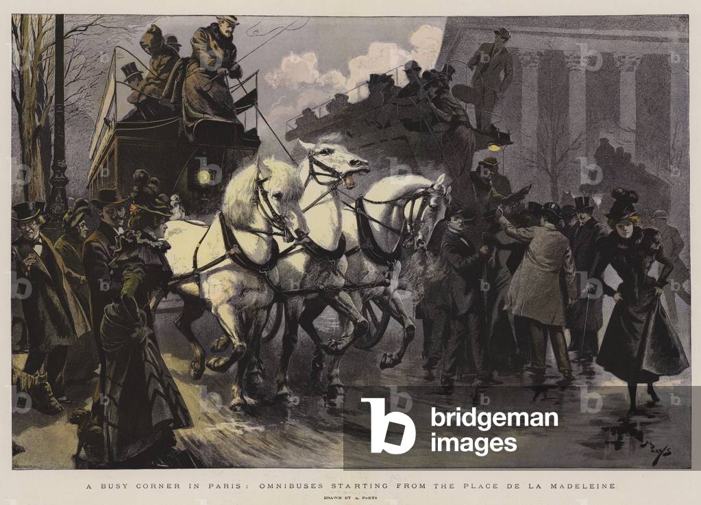 A Busy Corner in Paris, Omnibuses starting from the Place de la Madeleine (chromolitho)