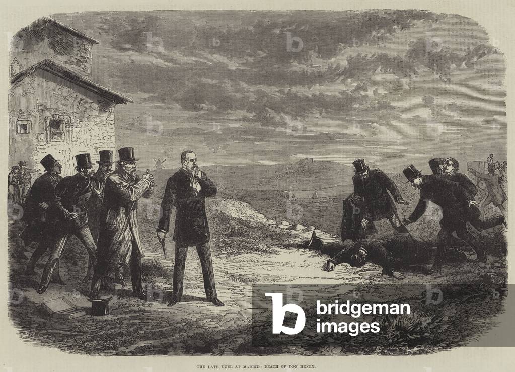 The late Duel at Madrid, Death of Don Henry (engraving)