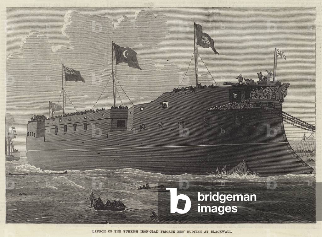 Launch of the Turkish Iron-Clad Frigate Mes' Oudiyeh at Blackwall (engraving)