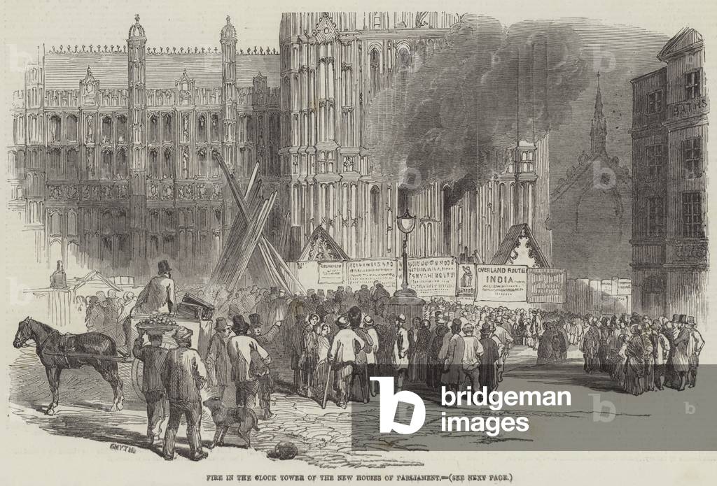 Fire in the Clock Tower of the New Houses of Parliament (engraving)