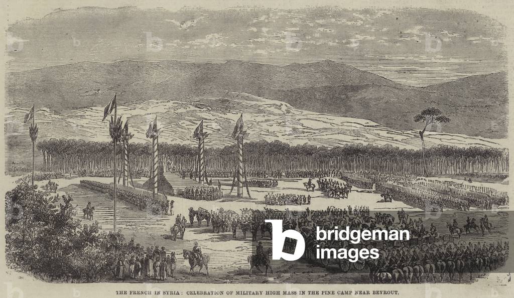 The French in Syria, Celebration of Military High Mass in the Pine Camp near Beyrout (engraving)