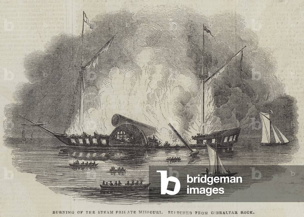 Burning of the Steam Frigate Missouri, sketched from Gibraltar Rock (engraving)