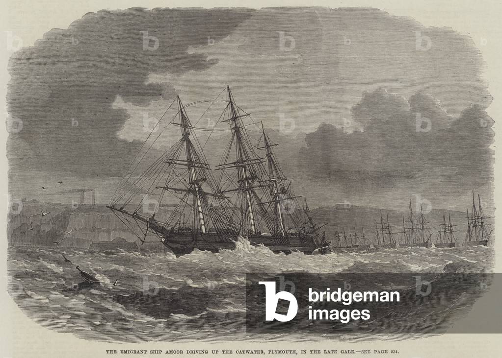 The Emigrant Ship Amoor driving up the Catwater, Plymouth, in the late Gale (engraving)