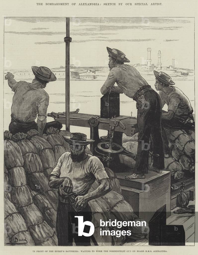 The Bombardment of Alexandria, in front of the Enemy's Batteries, waiting to work the Nordenfeldt Gun on Board HMS Alexandra (engraving)