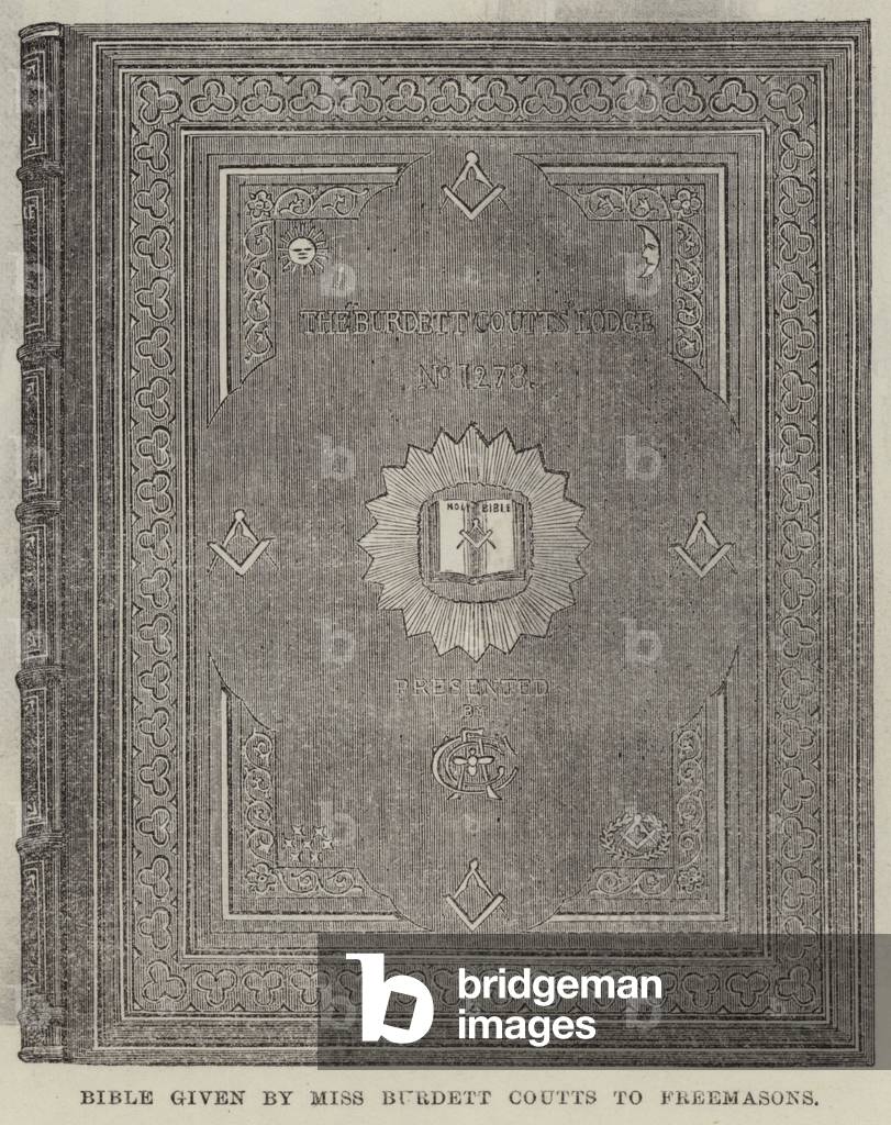 Bible given by Miss Burdett Coutts to Freemasons (engraving)