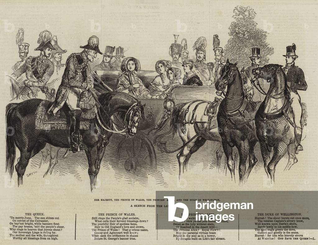 A Sketch from the Late Review, Her Majesty, the Prince of Wales, the Princess Alice, and the Duke of Wellington (engraving)