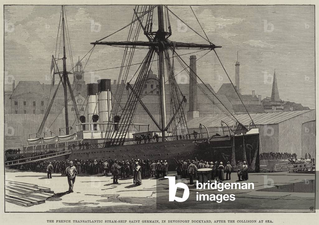 The French Transatlantic Steam-Ship Saint Germain, in Devonport Dockyard, after the Collision at Sea (engraving)