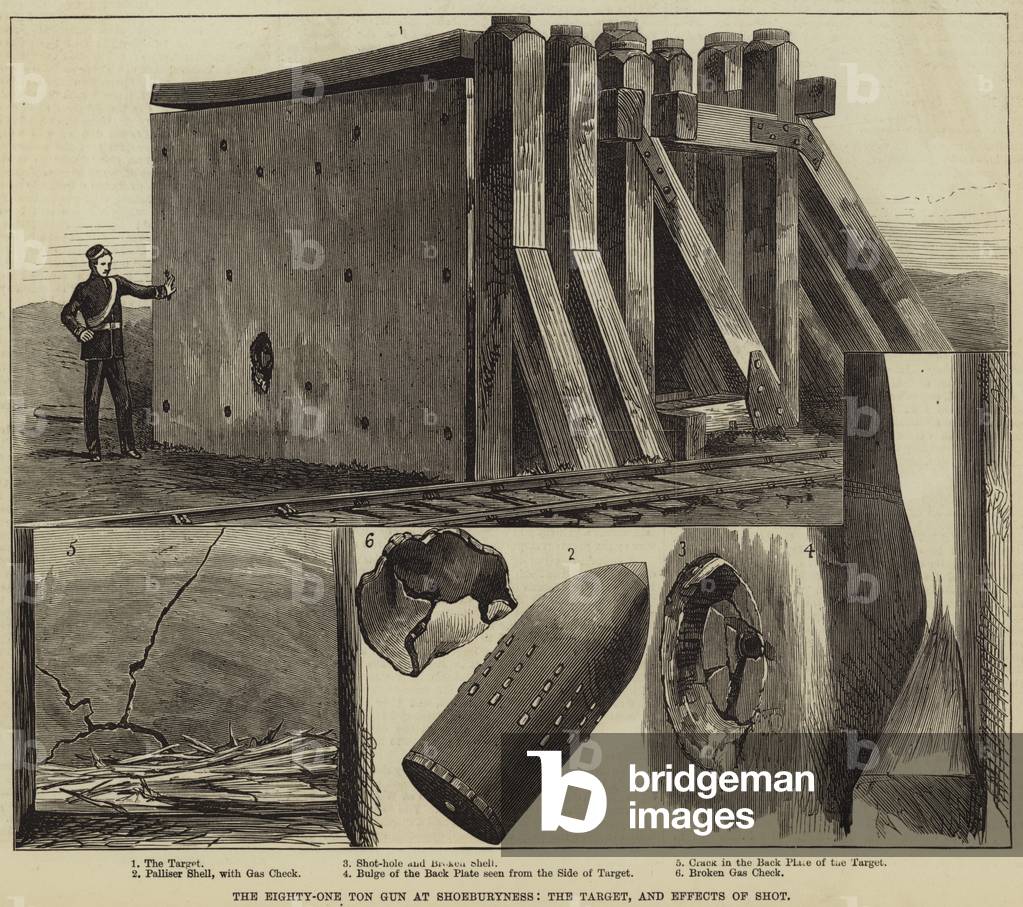 The Eighty-One Ton Gun at Shoeburyness, the Target, and Effects of Shot (engraving)