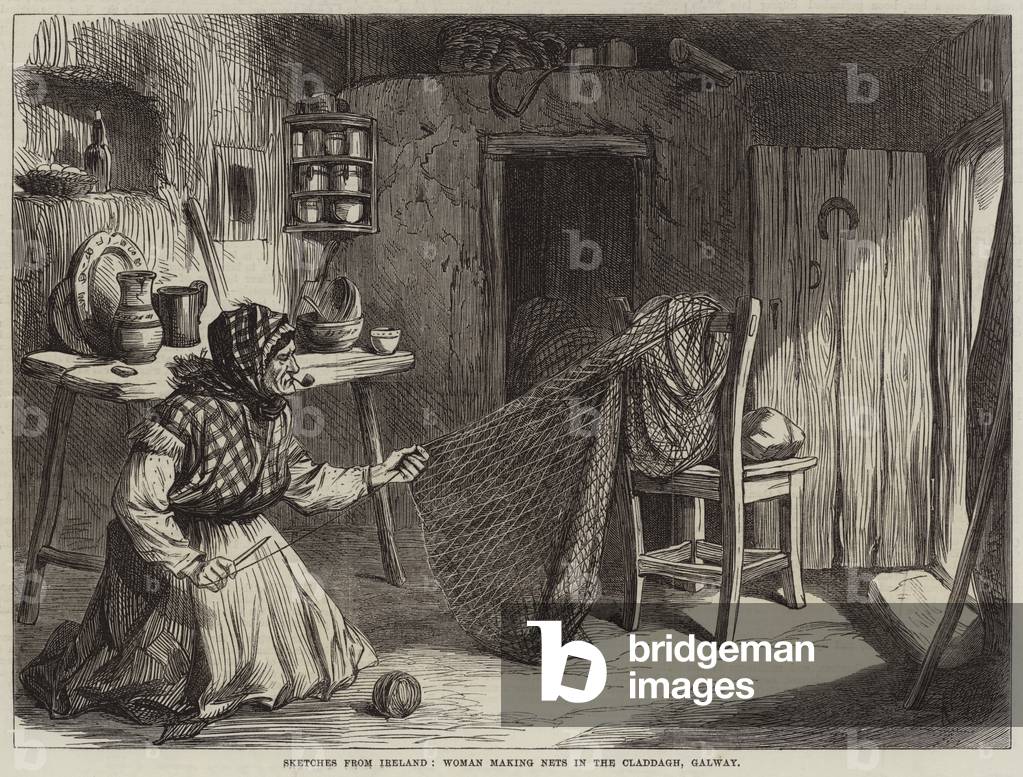 Sketches from Ireland, Woman making Nets in the Claddagh, Galway (engraving)
