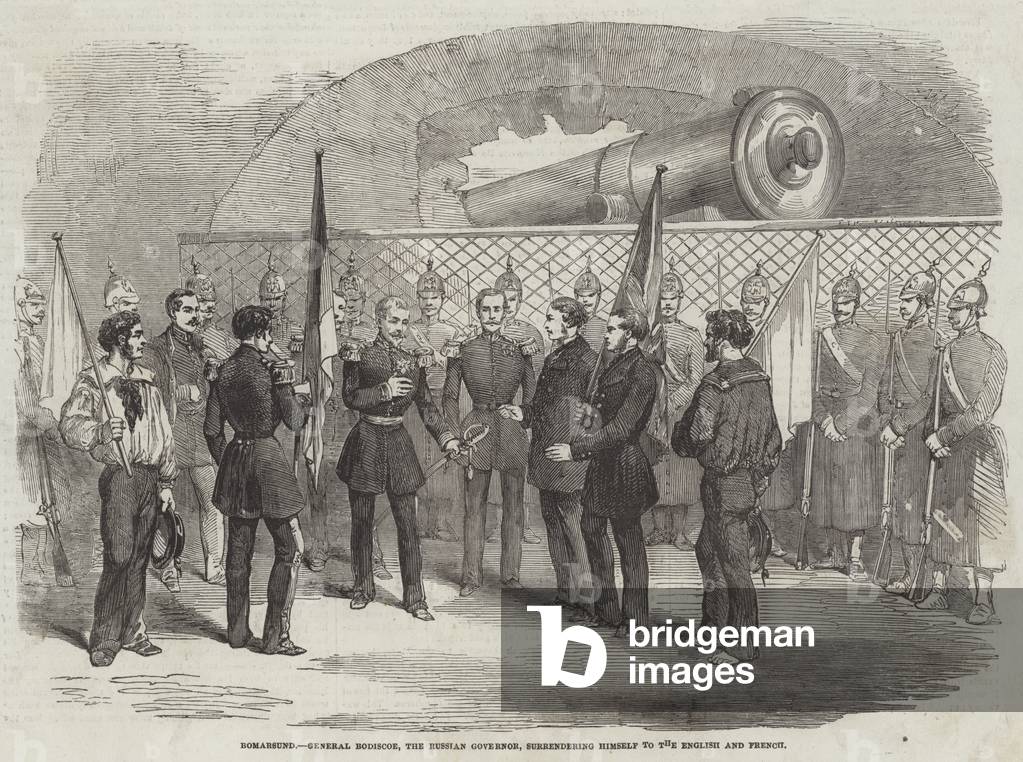 Bomarsund, General Bodiscoe, the Russian Governor, surrendering himself to the English and French (engraving)