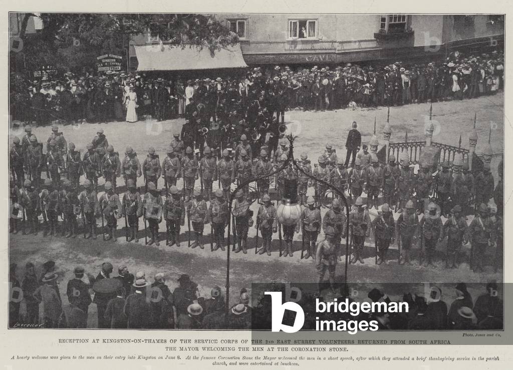 Reception at Kingston-on-Thames of the Service Corps of the 2nd East Surrey Volunteers returned from South Africa, the Mayor welcoming the Men at the Coronation Stone (b/w photo)