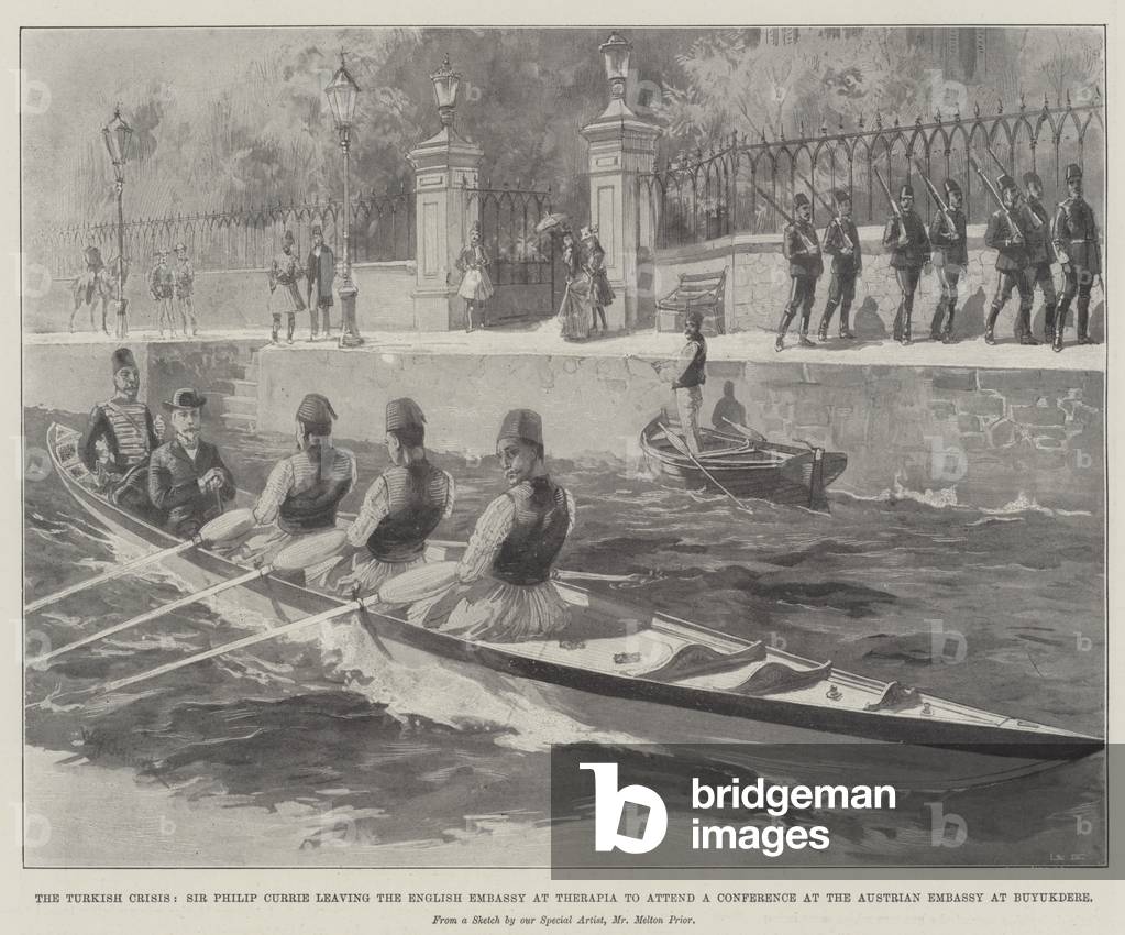 The Turkish Crisis, Sir Philip Currie leaving the English Embassy at Therapia to attend a Conference at the Austrian Embassy at Buyukdere (litho)