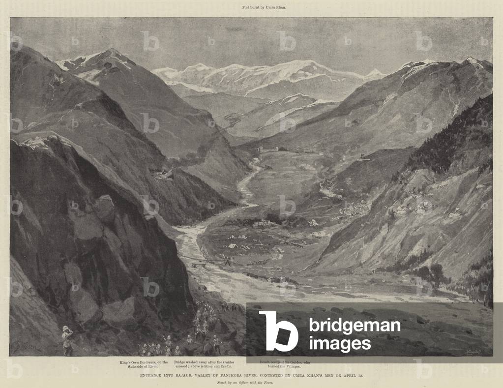 Entrance into Bajaur, Valley of Panjkora River, contested by Umra Khan's Men on 13 April (litho)
