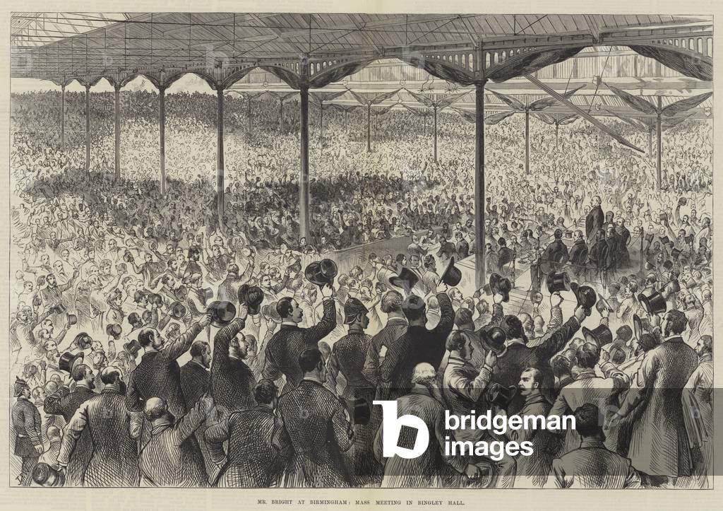 Mr Bright at Birmingham, Mass Meeting in Bingley Hall (engraving)