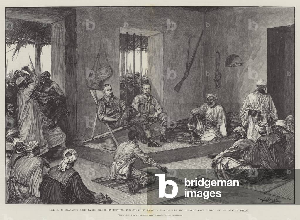 Mr H M Stanley's Emin Pasha Relief Expedition, Interview of Major Barttelot and Mr Jameson with Tippoo Tib at Stanley Falls (engraving)