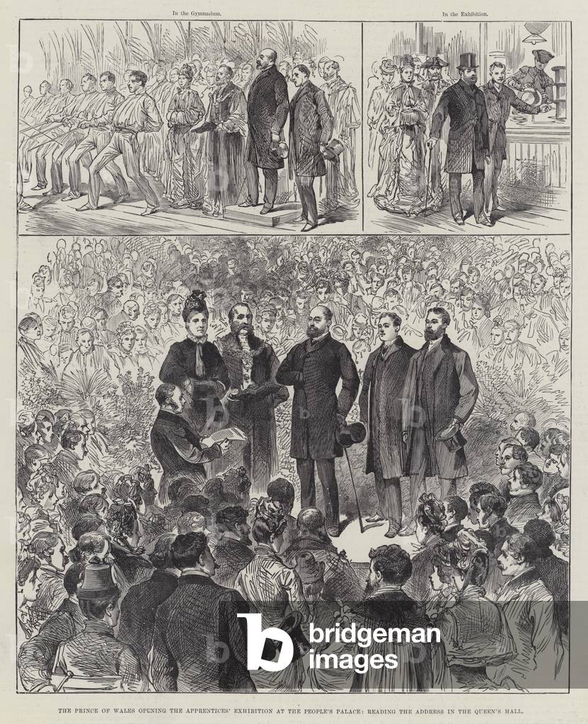 The Prince of Wales opening the Apprentices' Exhibition at the People's Palace, reading the Address in the Queen's Hall (engraving)