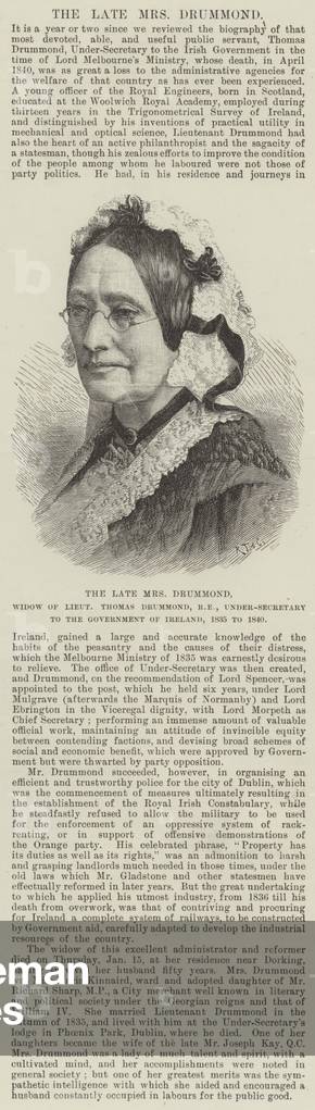 The late Mrs Drummond, Widow of Lieutenant Thomas Drummond, RE, Under-Secretary to the Government of Ireland, 1835 to 1840 (engraving)