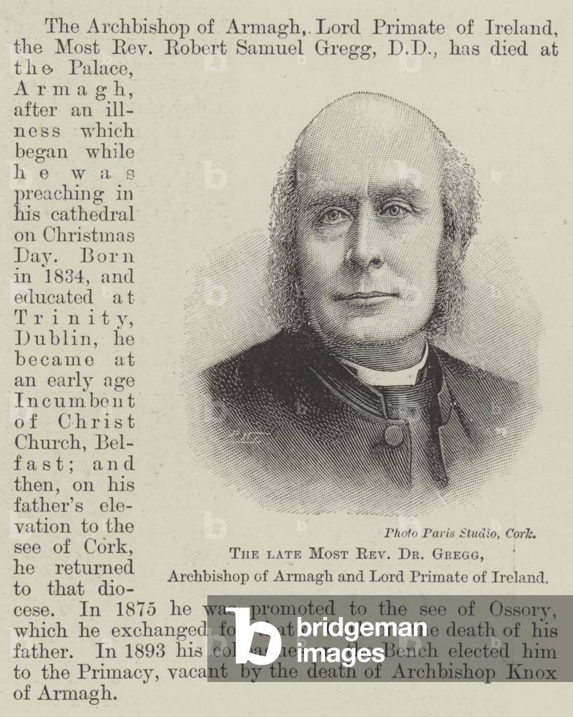 The late Most Reverend Dr Gregg, Archbishop of Armagh and Lord Primate of Ireland (engraving)