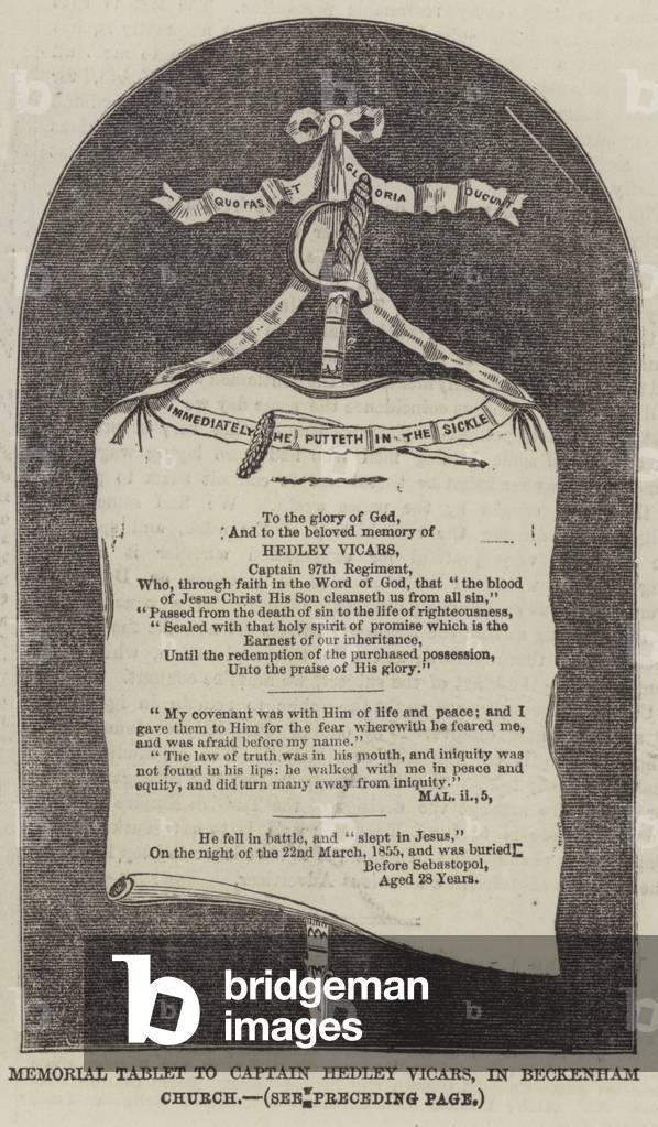 Memorial Tablet to Captain Hedley Vicars, in Beckenham Church (engraving)