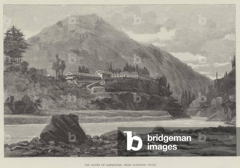 The Baths of Canquenes, near Santiago, Chile (engraving)