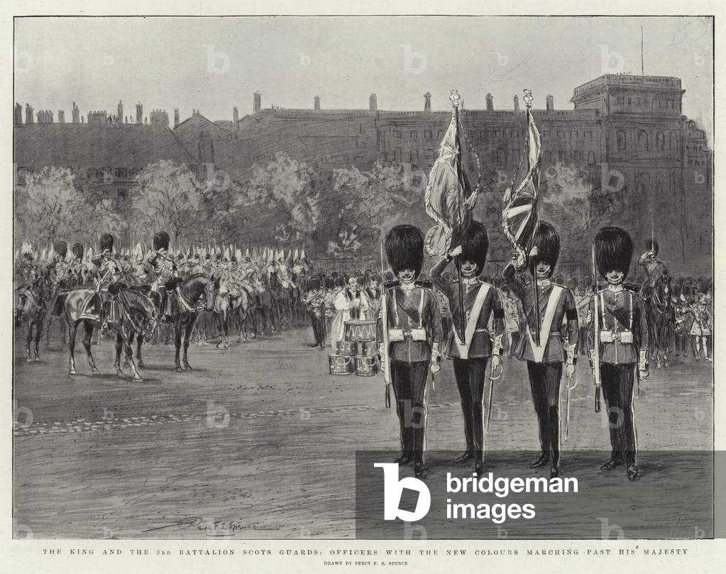 The King and the 3rd Battalion Scots Guards, Officers with the New Colours Marching Past His Majesty (engraving)
