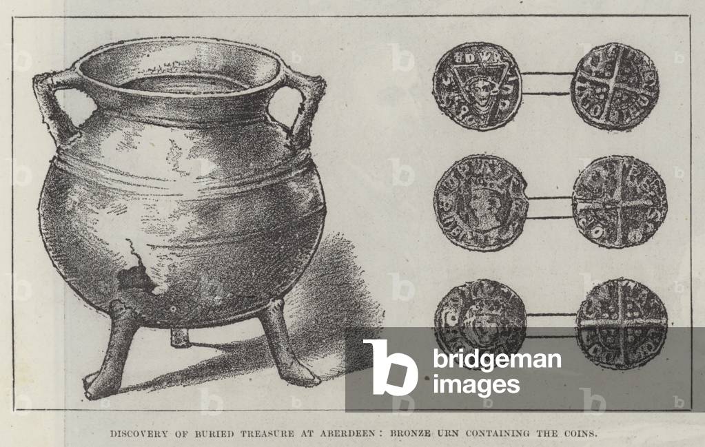 Discovery of Buried Treasure at Aberdeen, Bronze Urn containing the Coins (engraving)