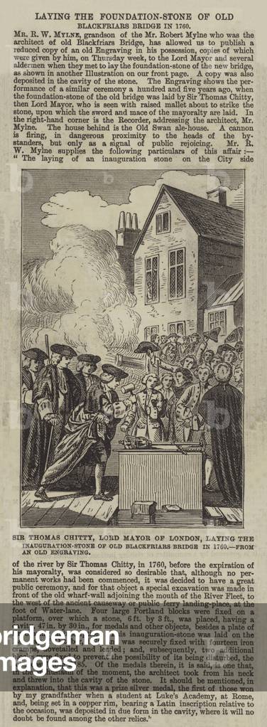 Sir Thomas Chitty, Lord Mayor of London, laying the Inauguration-Stone of Old Blackfriars Bridge in 1760 (engraving)