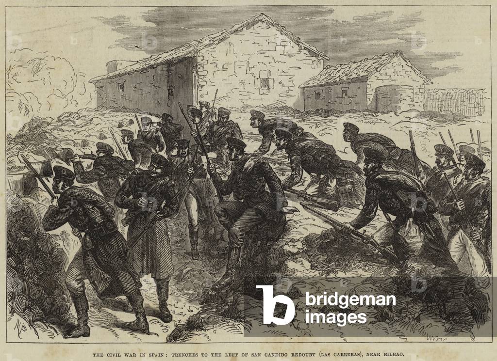 The Civil War in Spain, Trenches to the Left of San Candido Redoubt (Las Carreras), near Bilbao (engraving)