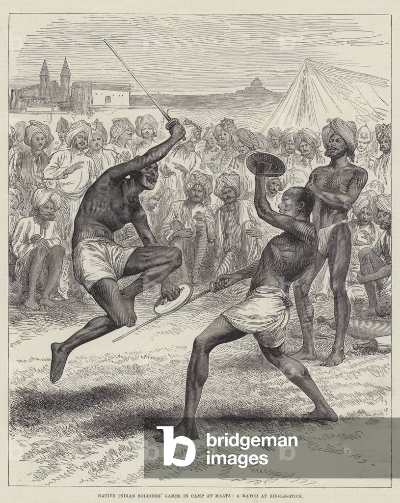 Native Indian Soldiers' Games in Camp at Malta, a Match at Single-Stick (engraving)