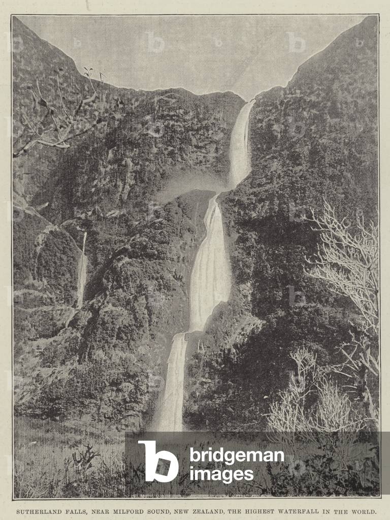 Sutherland Falls, near Milford Sound, New Zealand, the Highest Waterfall in the World (engraving)