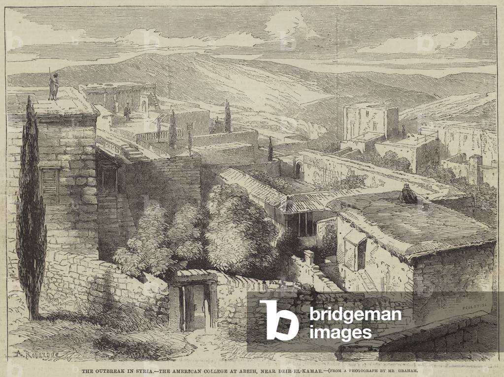 The Outbreak in Syria, the American College at Abeih, near Deir-el-Kamar (engraving)
