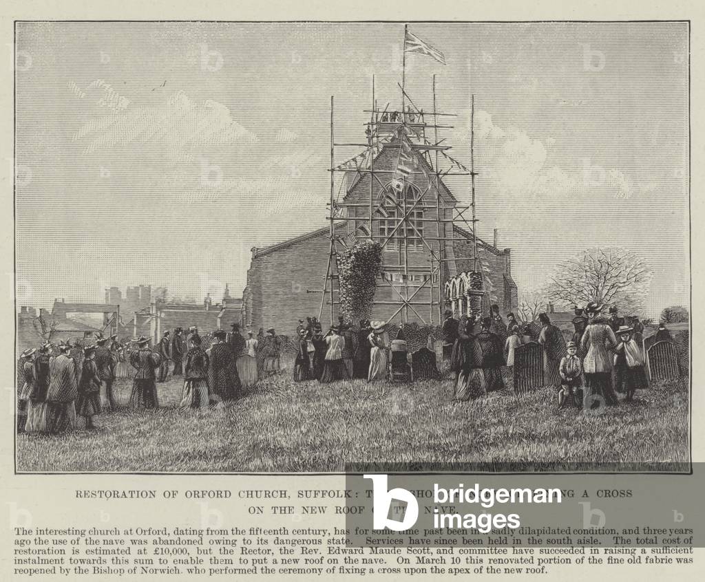 Restoration of Orford Church, Suffolk, the Bishop of Norwich fixing a Cross on the New Roof of the Nave (engraving)