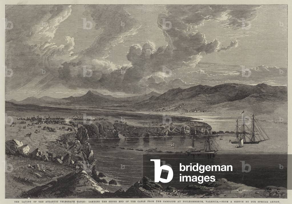 The Laying of the Atlantic Telegraph Cable, landing the Shore End of the Cable from the Caroline at Foilhommerum, Valencia (engraving)