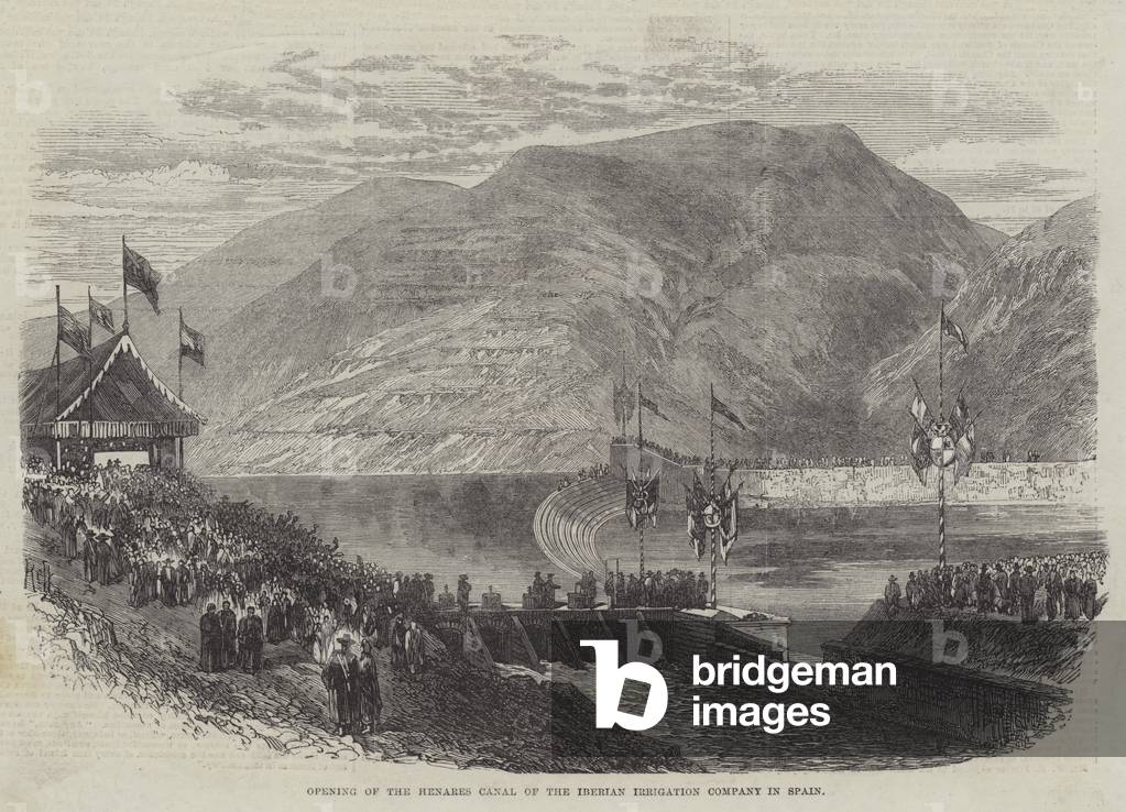 Opening of the Henares Canal of the Iberian Irrigation Company in Spain (engraving)