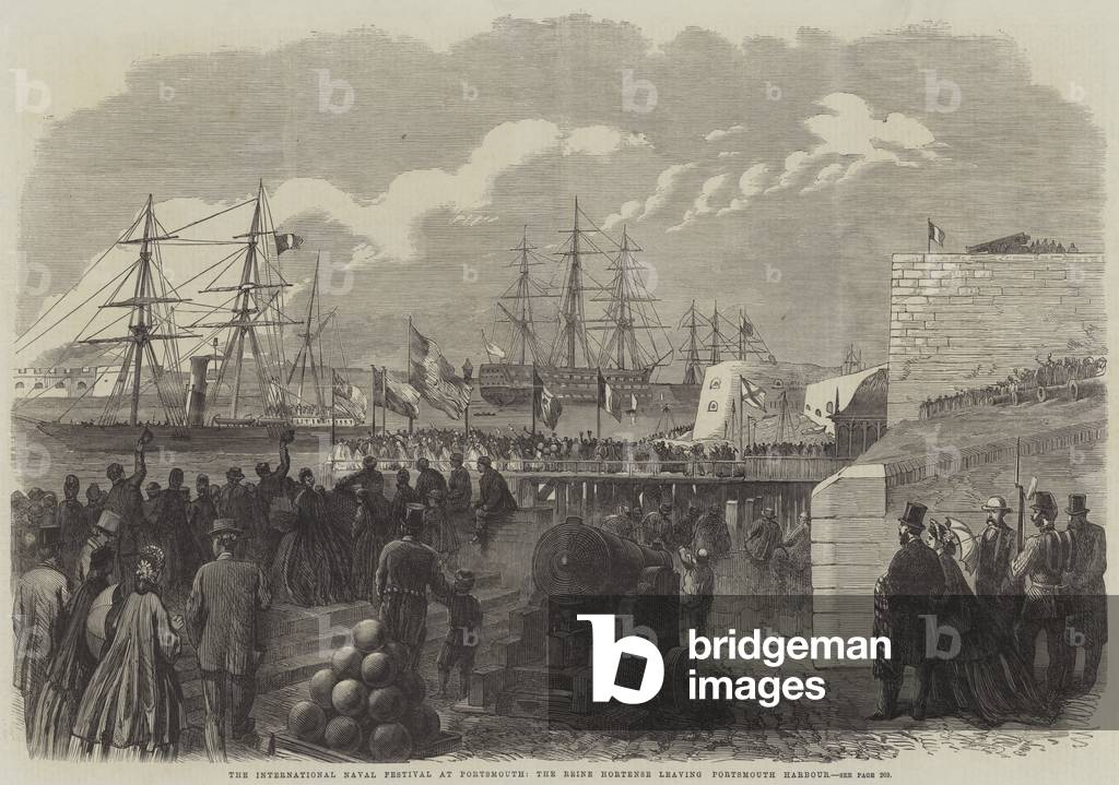 The International Naval Festival at Portsmouth, the Reine Hortense leaving Portsmouth Harbour (engraving)
