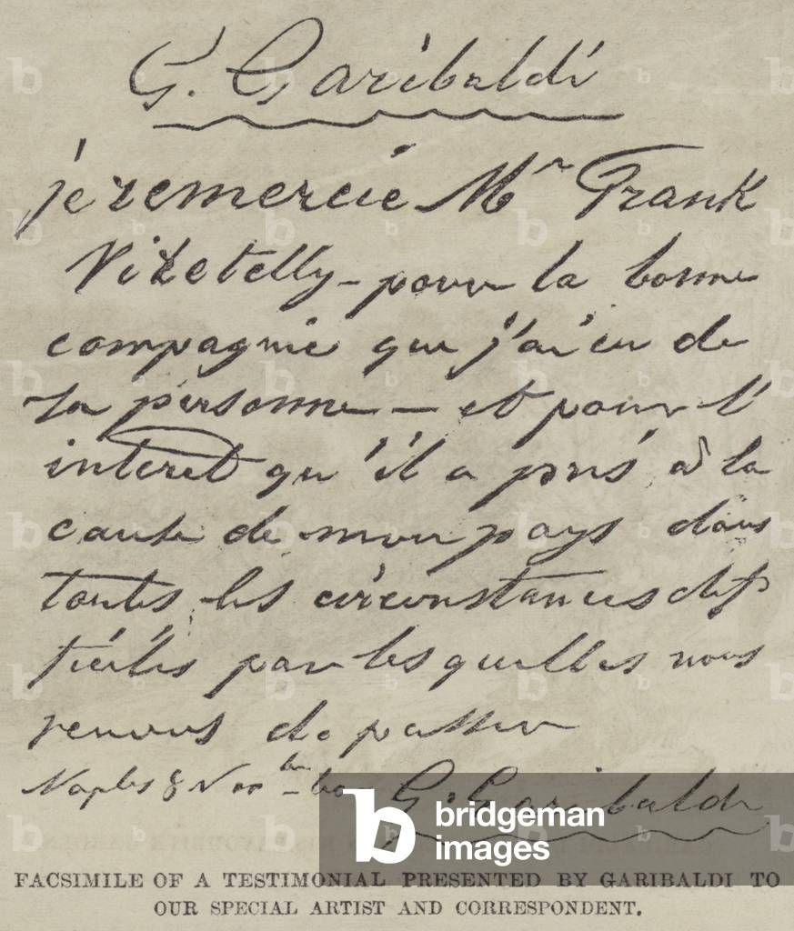 Facsimile of a Testimonial presented by Garibaldi to our Special Artist and Correspondent (engraving)