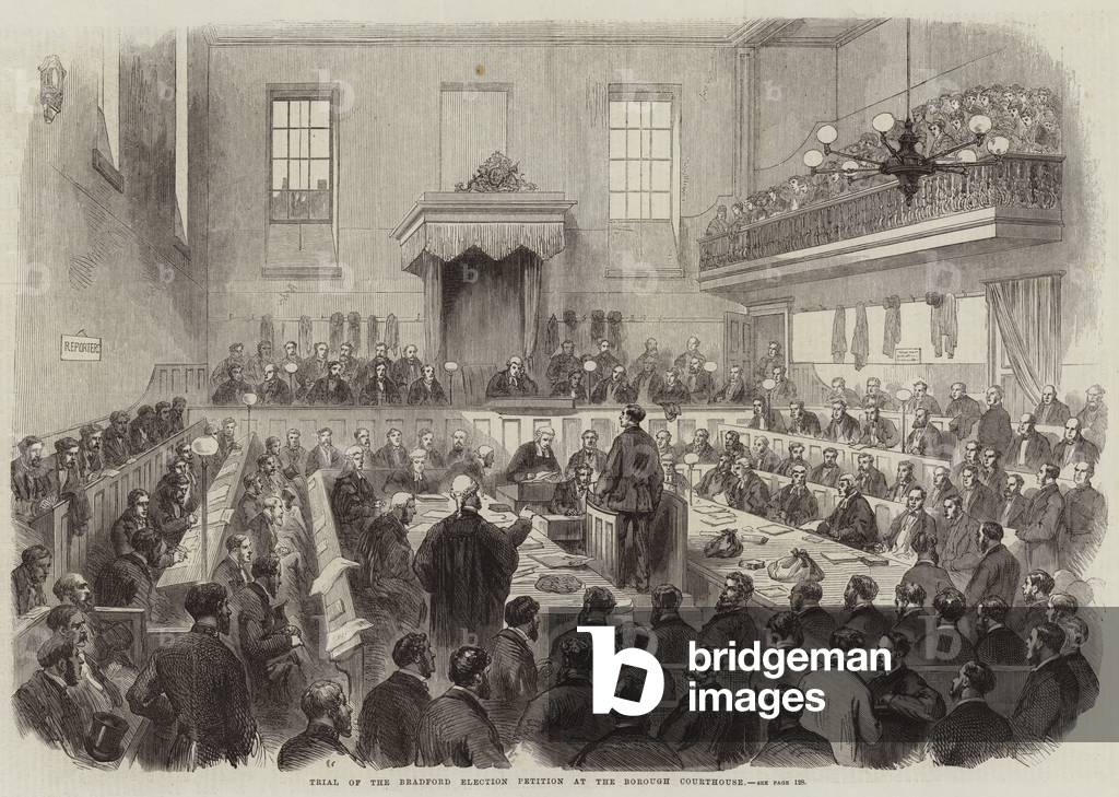 Trial of the Bradford Election Petition at the Borough Courthouse (engraving)