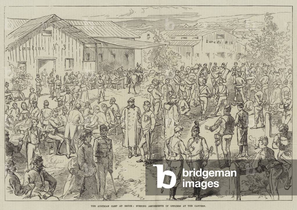The Austrian Camp at Bruck, Evening Amusements of Officers at the Canteen (engraving)