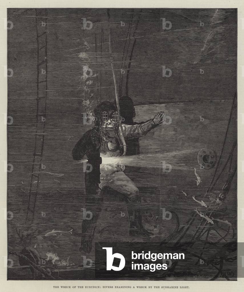 The Wreck of the Eurydice, Divers examining a Wreck by the Submarine Light (engraving)