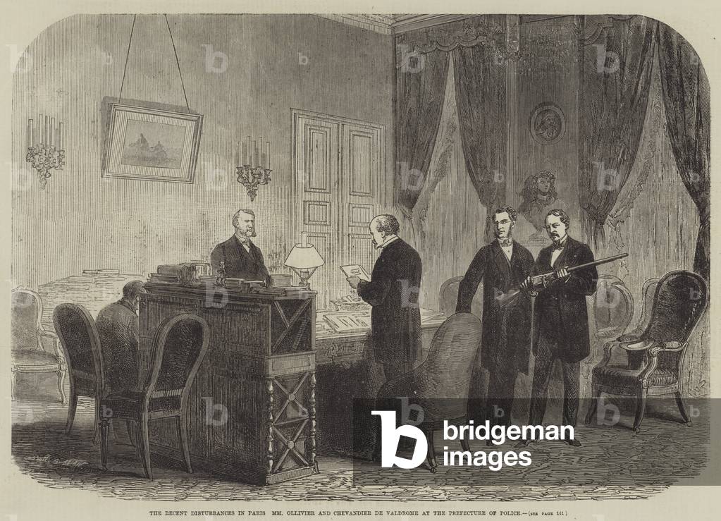 The Recent Disturbances in Paris, MM Ollivier and Chevandier de Valdrome at the Prefecture of Police (engraving)