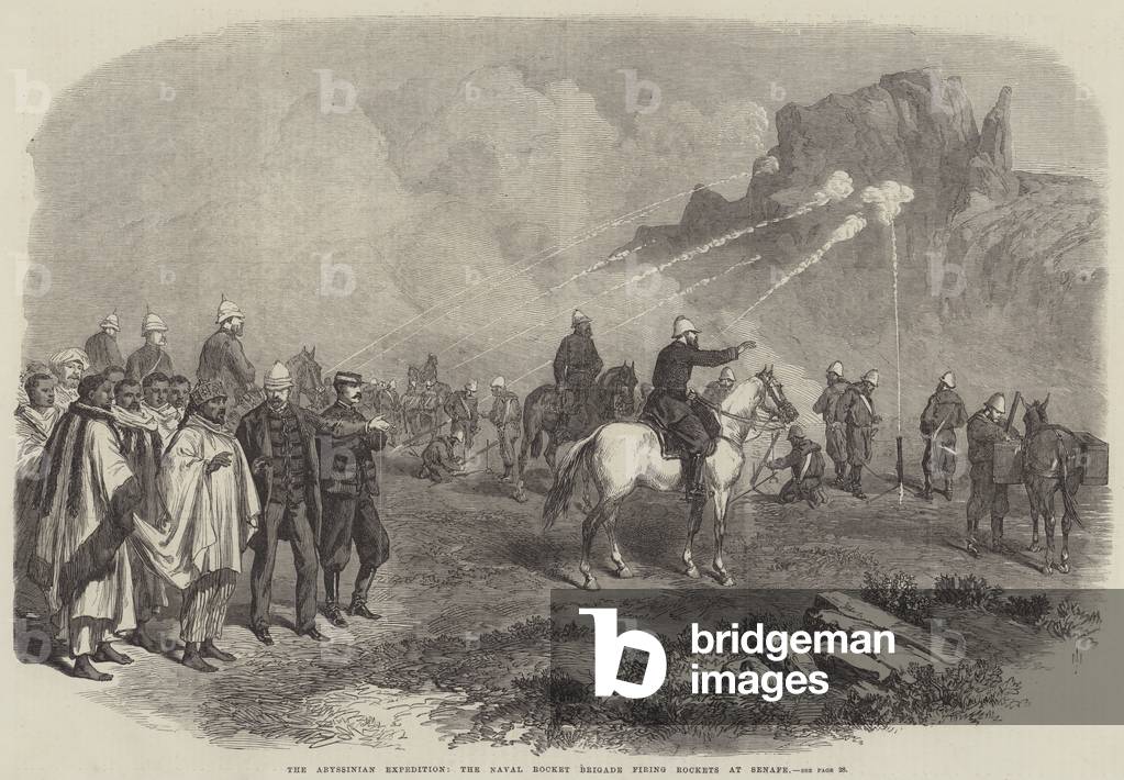 The Abyssinian Expedition, the Naval Rocket Brigade firing Rockets at Senafe (engraving)