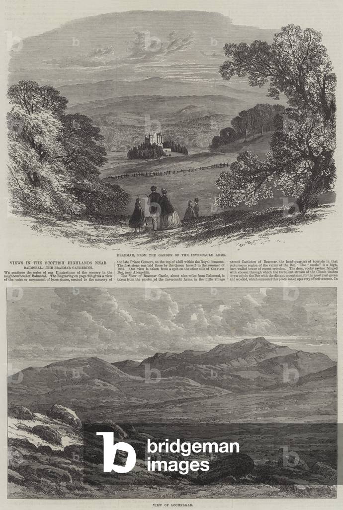 Views in the Scottish Highlands near Balmoral, the Braemar Gathering (engraving)