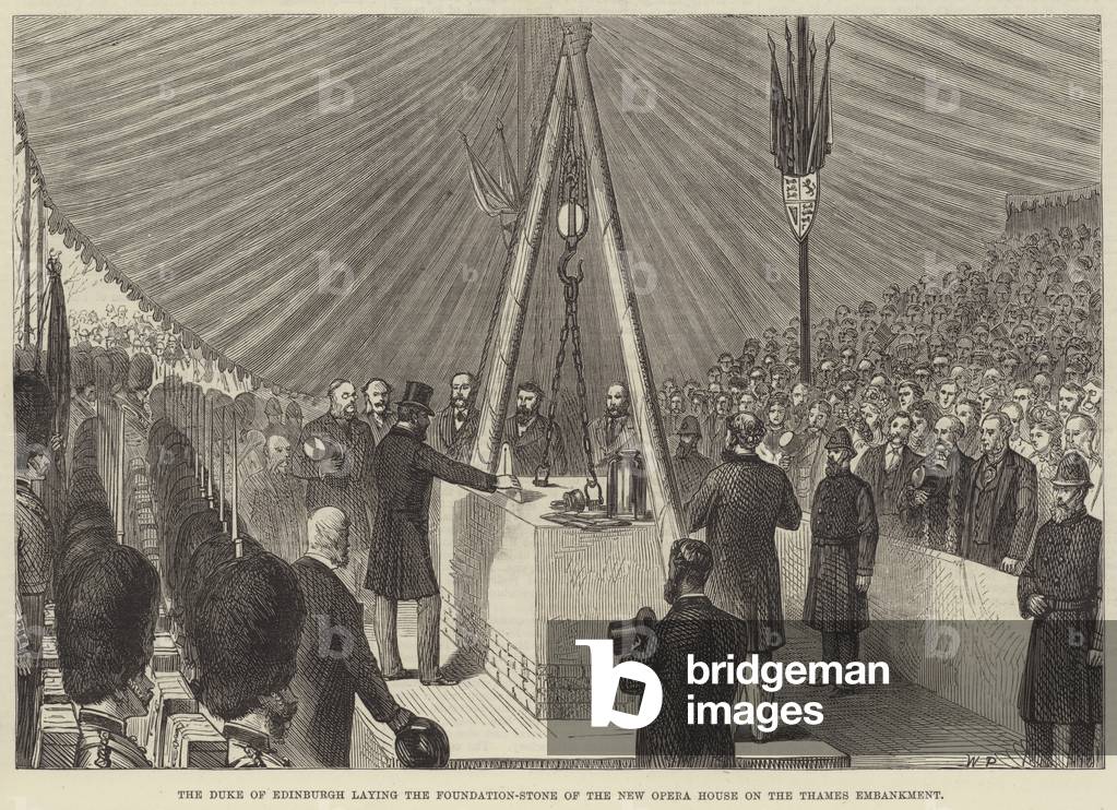 The Duke of Edinburgh laying the Foundation-Stone of the New Opera House on the Thames Embankment (engraving)