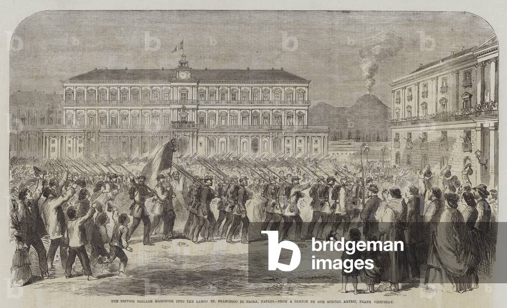 The British Brigade marching into the Largo St Francesco di Paola, Naples (engraving)
