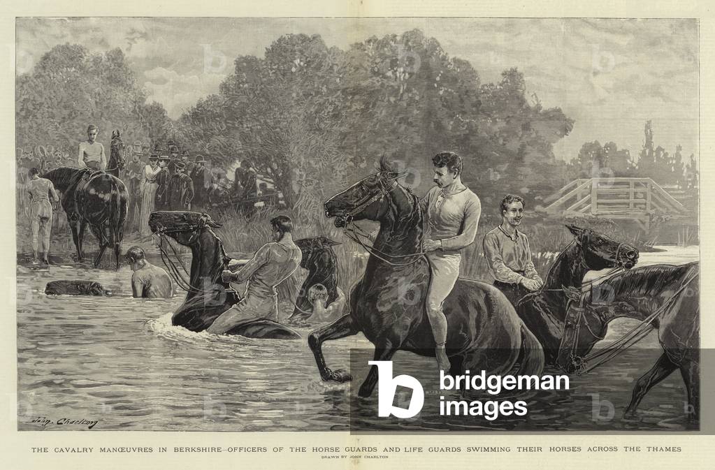 The Cavalry Manoeuvres in Berkshire, Officers of the Horse Guards and Life Guards swimming their Horses across the Thames (engraving)