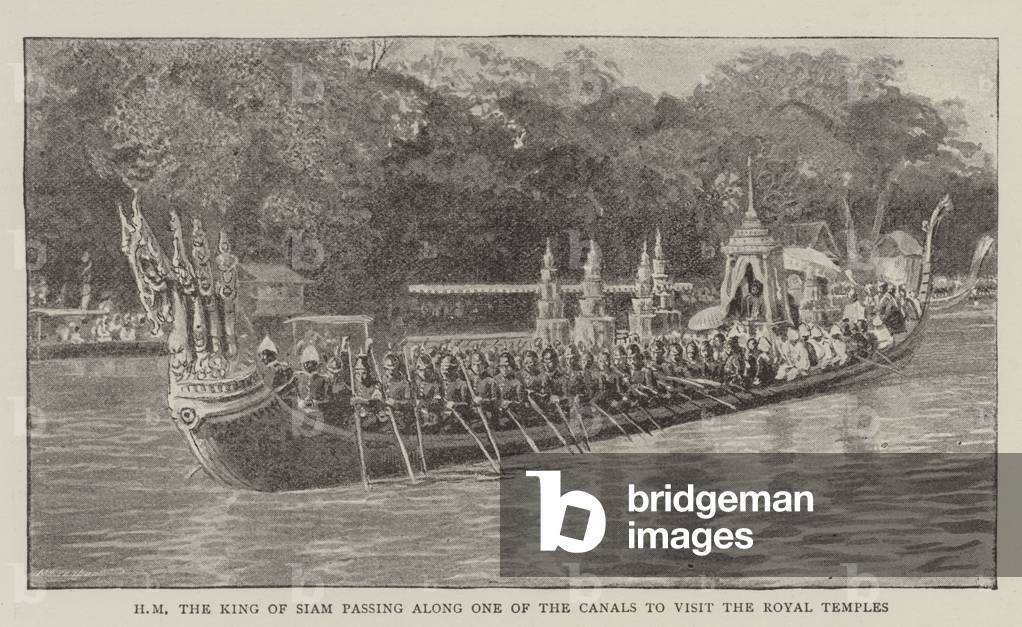 HM the King of Siam passing along one of the Canals to visit the Royal Temples (litho)