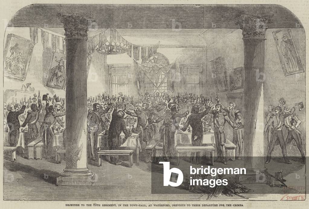 Dejeuner to the 89th Regiment, in the Town-Hall, at Waterford, Previous to their Departure for the Crimea (engraving)