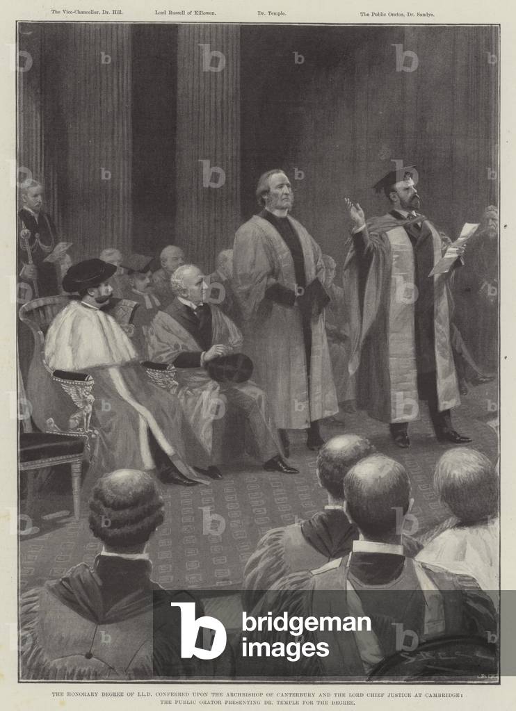 The Honorary Degree of LLD conferred upon the Archbishop of Canterbury and the Lord Chief Justice at Cambridge, the Public Orator presenting Dr Temple for the Degree (litho)