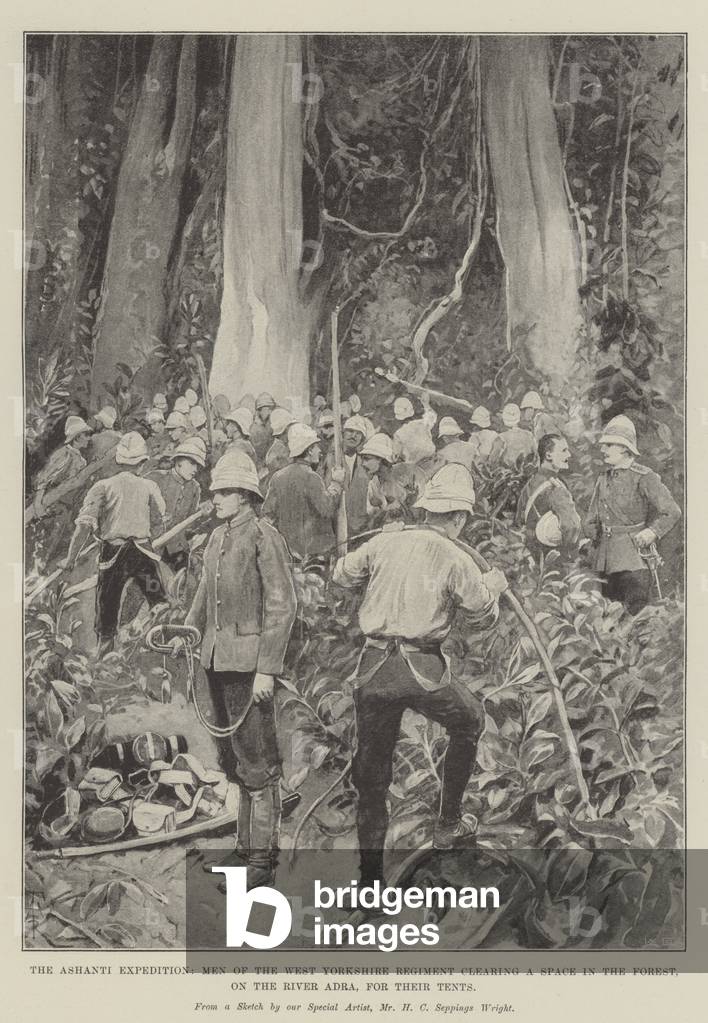 The Ashanti Expedition, Men of the West Yorkshire Regiment clearing a Space in the Forest, on the River Adra, for their Tents (litho)